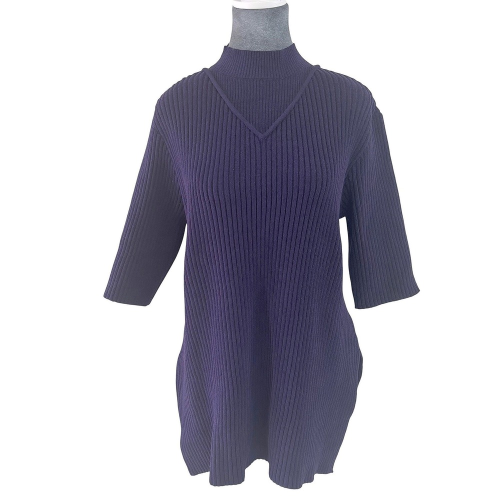 Marina Moscone Designer Quiet Luxury Navy Ribbed Mock Neck Sweater XXL Side Slit